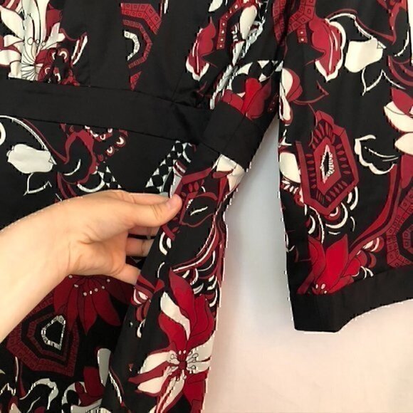 ANN TAYLOR Black Red White Multi Floral 3/4 Sleeve Knee Length Work Shift Dress - Picture 10 of 13